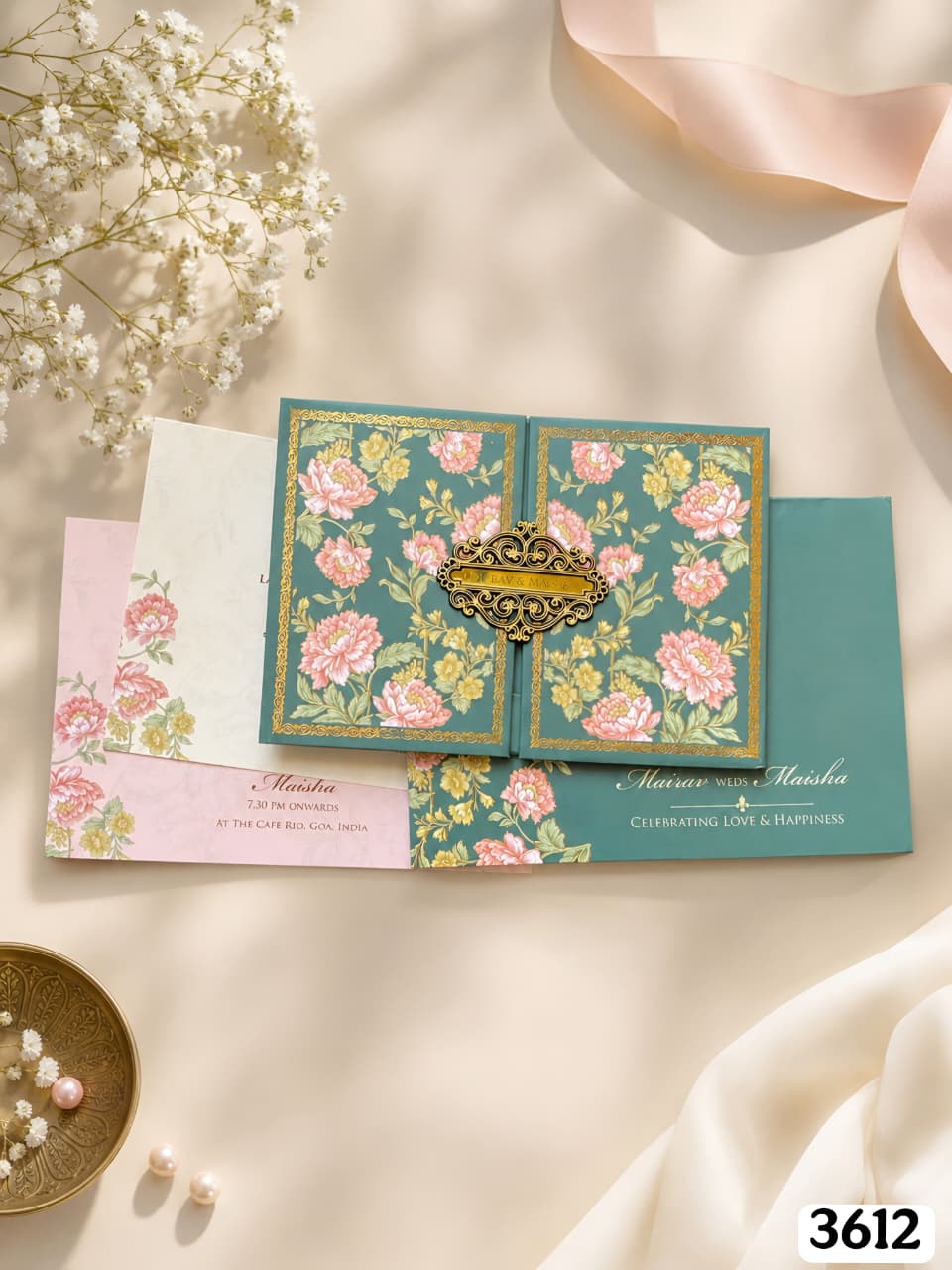 Teal Peony Floral Gatefold Suite